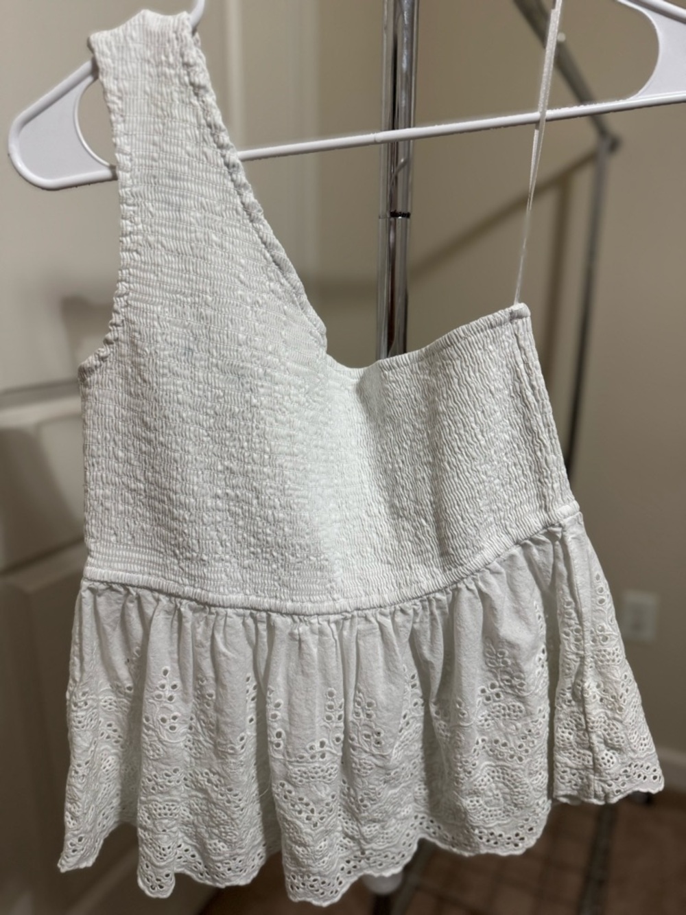 Francesca's Collections White Smocked Eyelet Peplum Tank